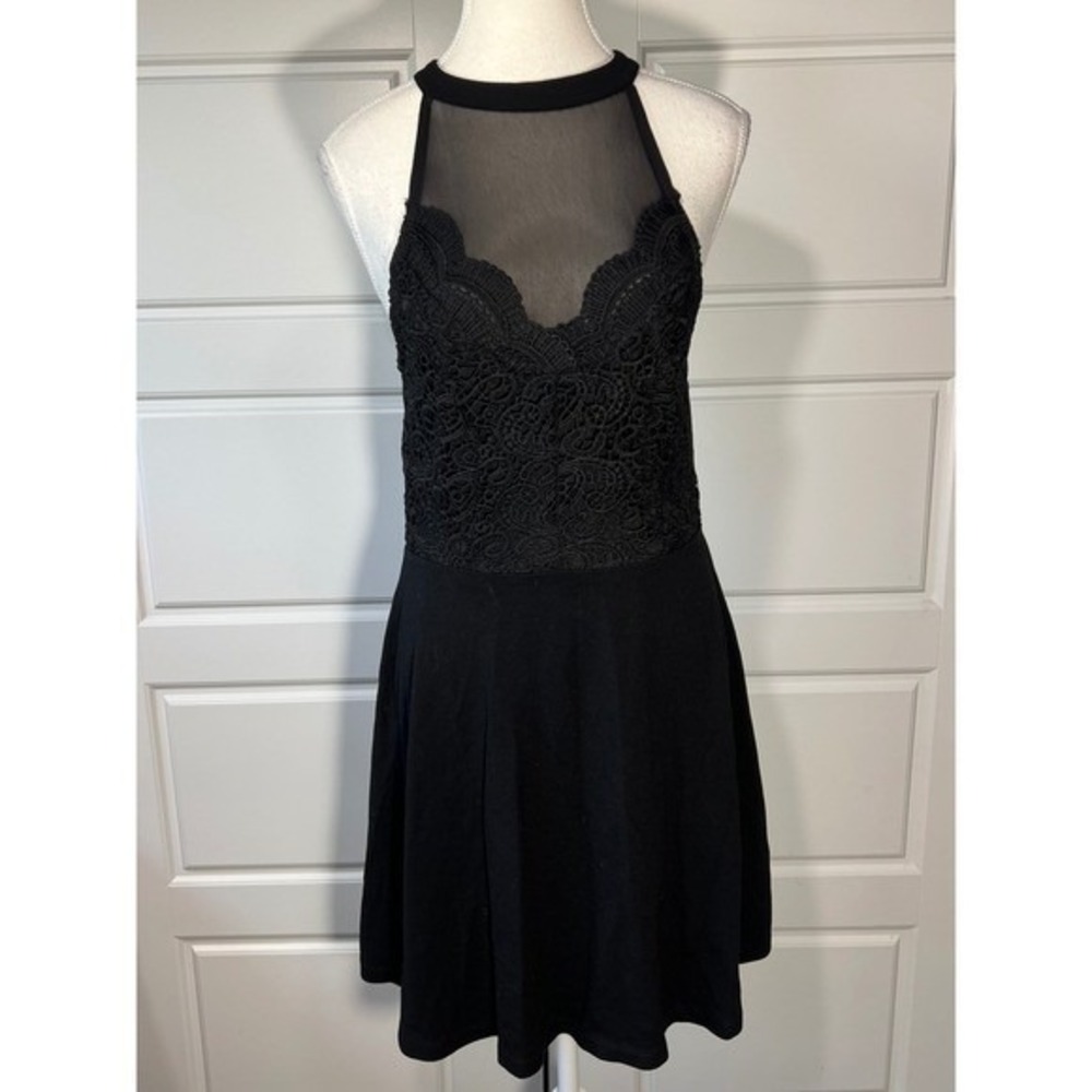 Blue Rain Black Lace Crochet Halter Dress Party Cocktail Fit & Flare Large